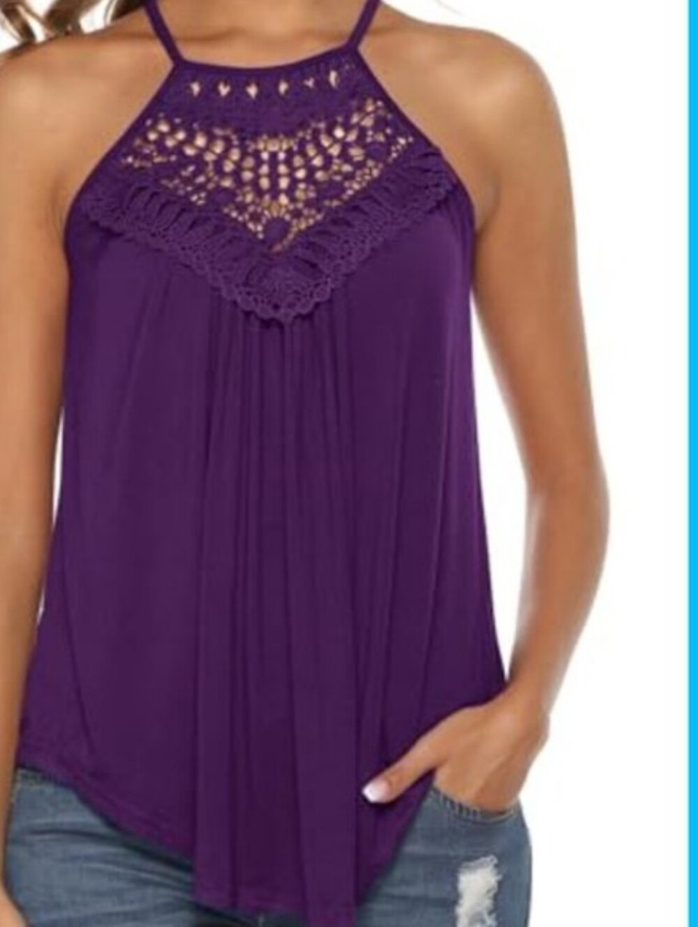 Purple Halter Tank Top with Crochet Yoke - Draped Silhouette - size L
